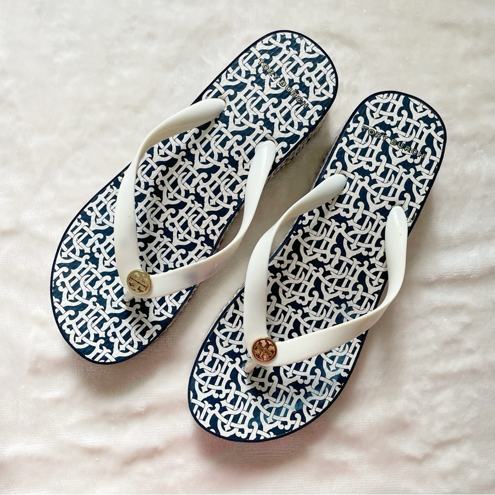 TORY BURCH Black & White Short Platform Thong Sandals